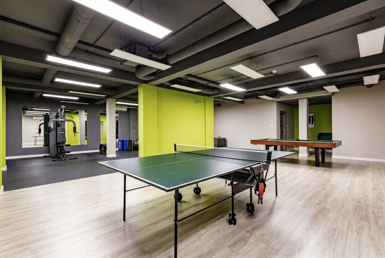 Game room with a ping pong table, billiards, and gym equipment in a residential complex, Kumbor, Montenegro.