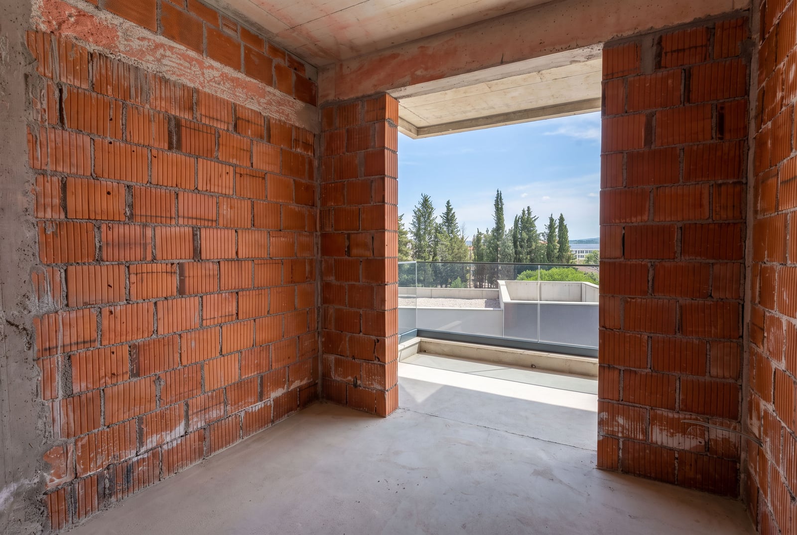 Unfinished bedroom with access to a balcony and views of greenery in a new development in Tivat, Montenegro