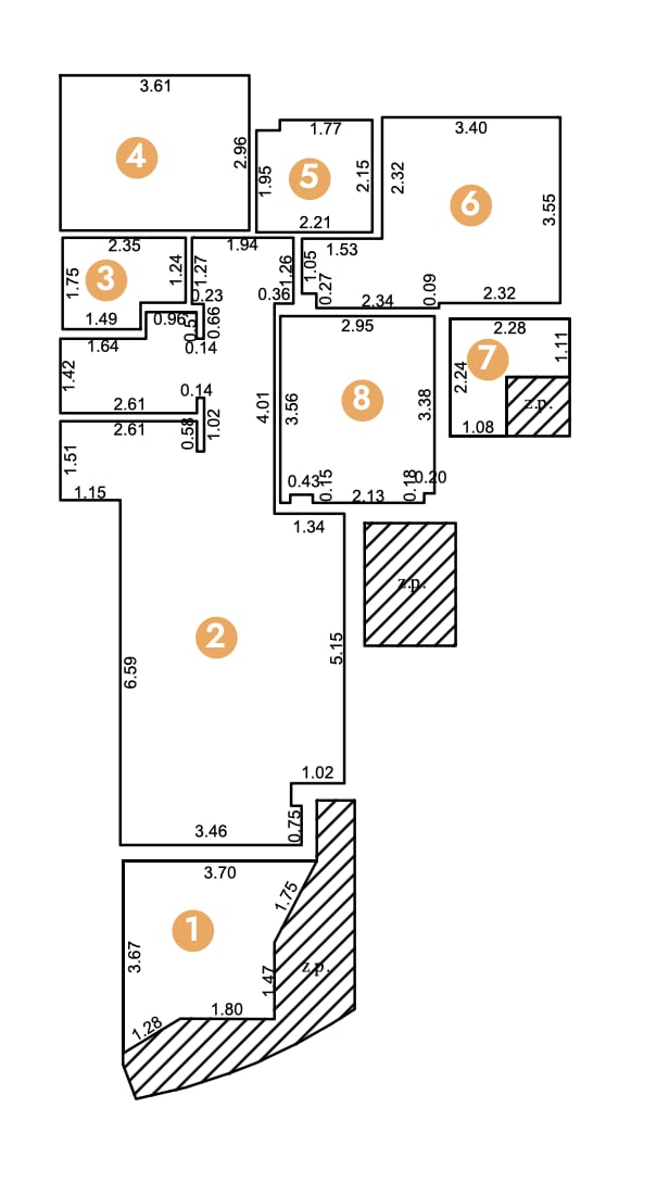 Architectural floor plan of an apartment showing numbered zones, wall dimensions, and hatched areas for specific sections.