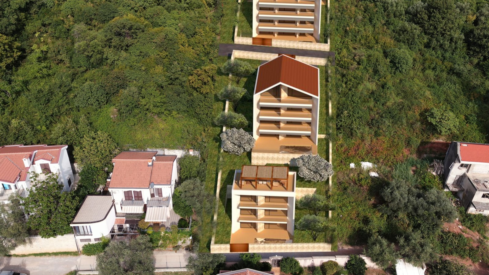 Visualization of a residential complex project on a land plot in Budva, Montenegro: modern villas surrounded by greenery.