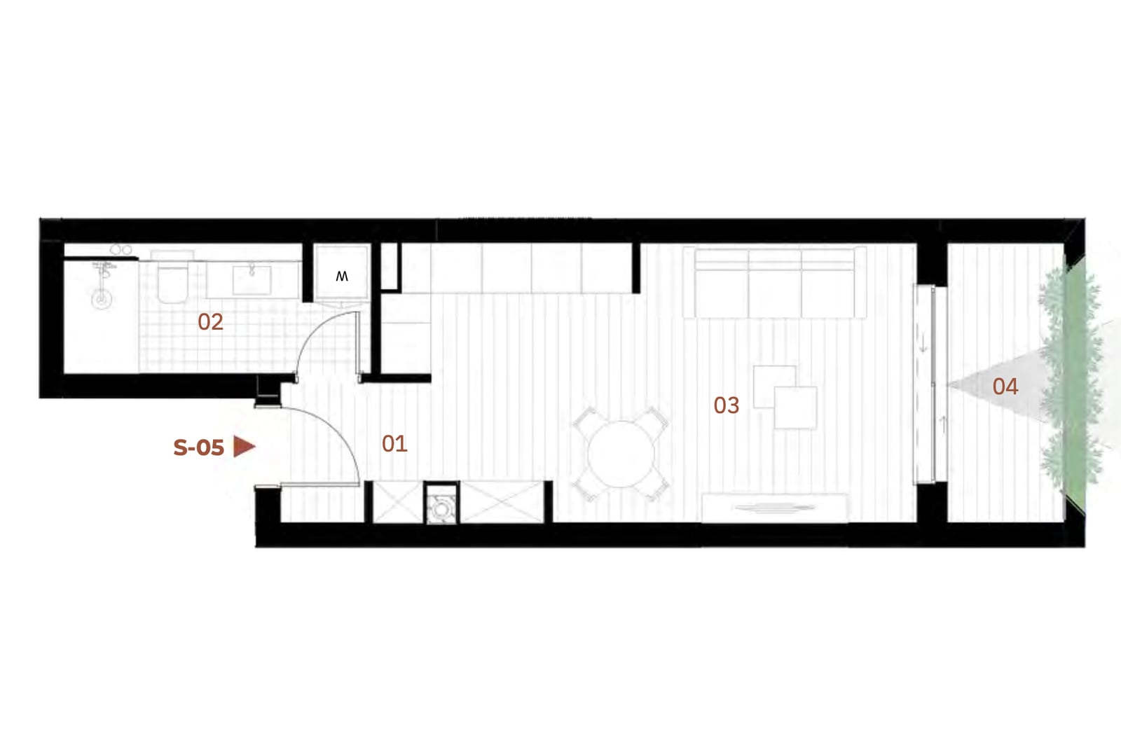 Apartment layout in Orahovac, Montenegro: hallway, bathroom, kitchen-living room, and terrace.