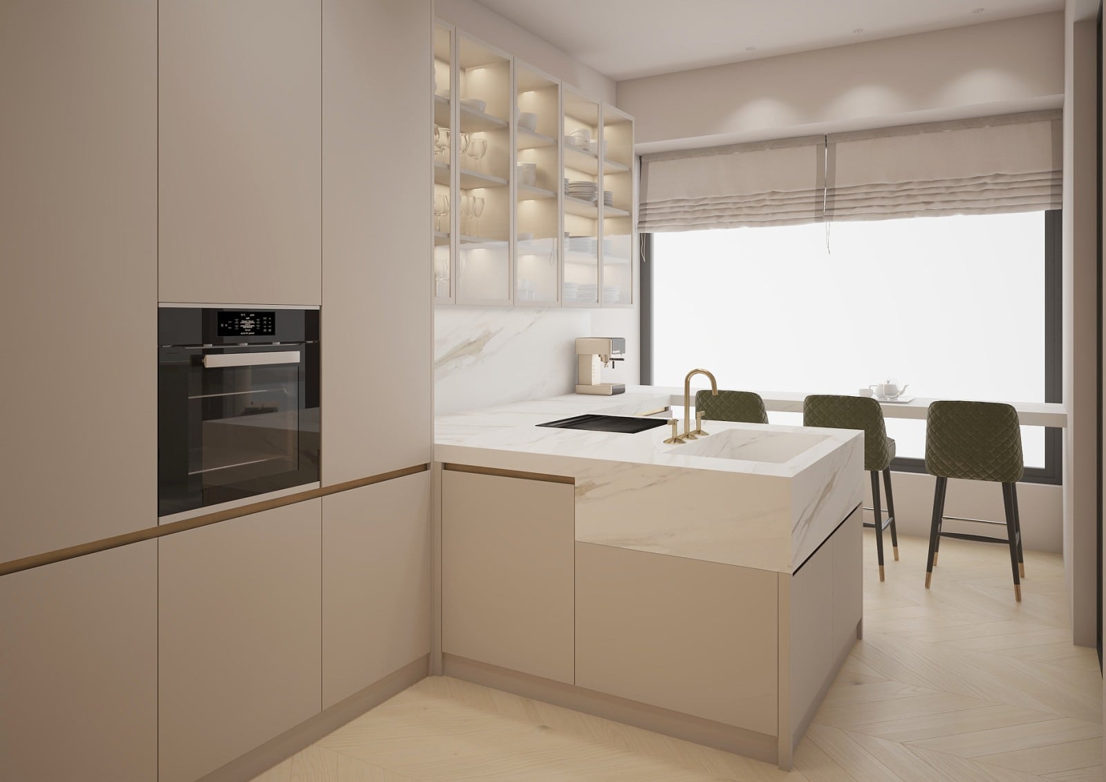 Modern kitchen with beige cabinets, marble island, built-in oven, and bar seating by the window.