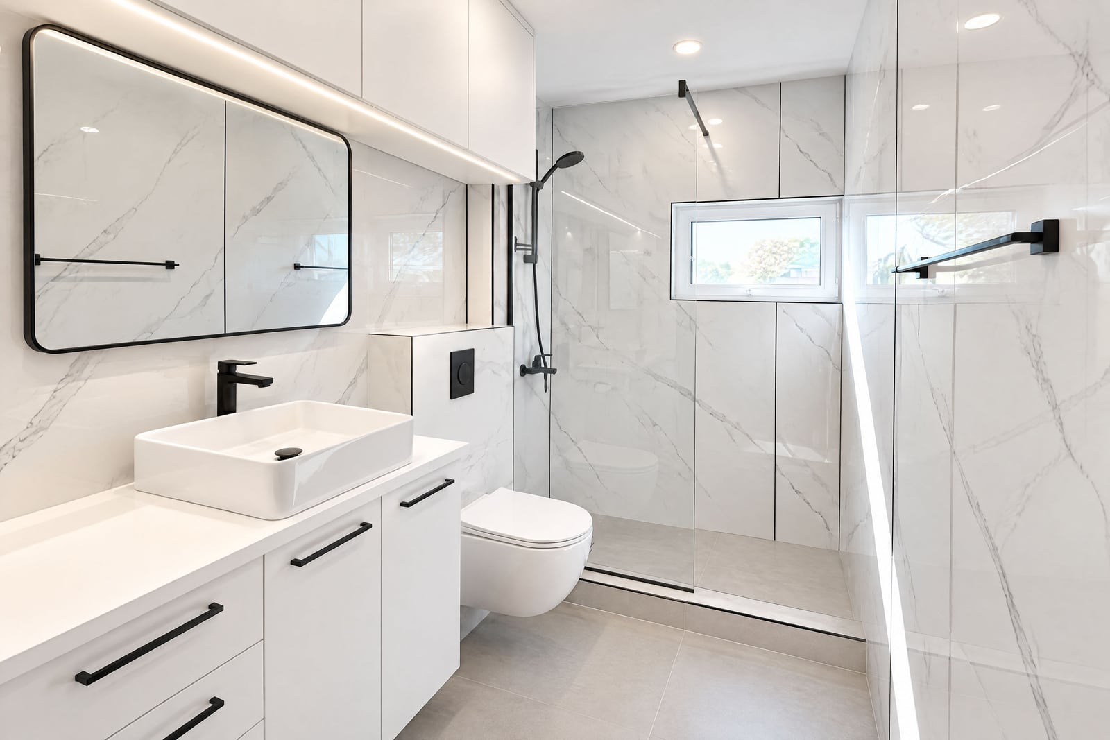 Modern bathroom with marble tiles, wall-mounted toilet, glass shower enclosure, and vessel sink on a white vanity.