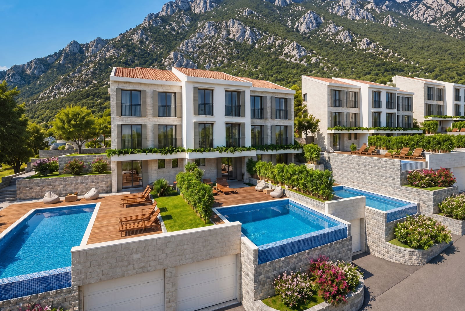 Modern townhouses with swimming pools and mountain views in Blizikuće, Reževići, Montenegro. Luxury real estate on the coast.