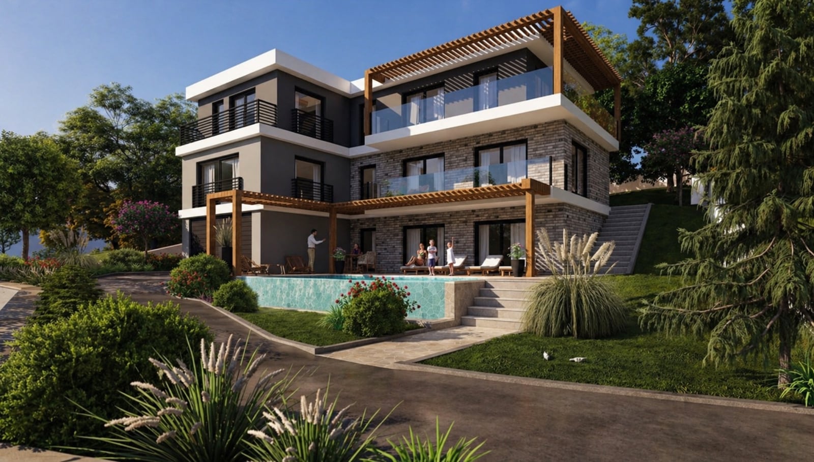 Modern villa in Kotor, Montenegro: a three-story house with a pool, terrace, stone finishing, and panoramic views.