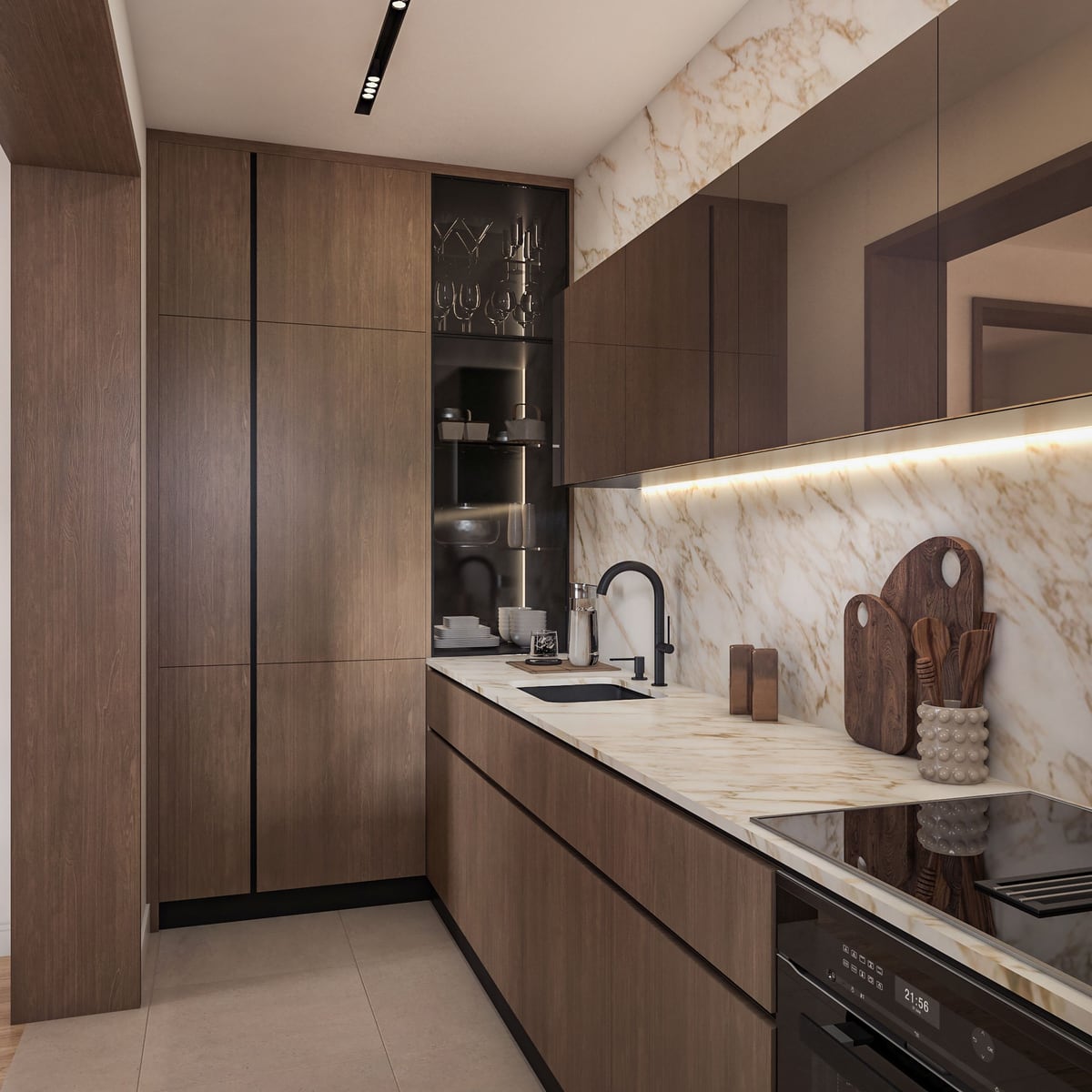 Modern kitchen with wooden fronts and a marble backsplash in Bar, Montenegro. Stylish apartment interior.