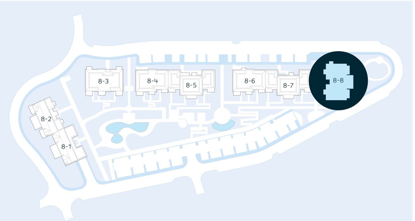 Master plan of the residential complex in Luštica, Montenegro: location of building 8-8 on the property.